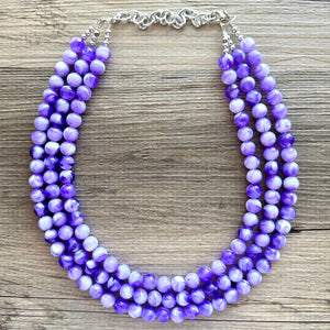Purple Swirl Statement Necklace, Big Beaded necklace, chunky beaded necklace wedding, lavender jewelry, 3 strand white striped jewelry