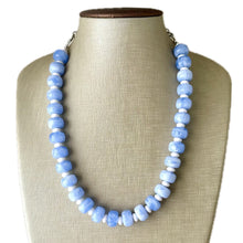 Load image into Gallery viewer, Periwinkle Blue Statement Necklace, chunky bib beaded jewelry, 1 strand sky light blue color block necklace, beaded acrylic donut white