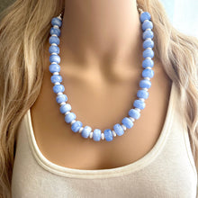 Load image into Gallery viewer, Periwinkle Blue Statement Necklace, chunky bib beaded jewelry, 1 strand sky light blue color block necklace, beaded acrylic donut white