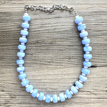 Load image into Gallery viewer, Periwinkle Blue Statement Necklace, chunky bib beaded jewelry, 1 strand sky light blue color block necklace, beaded acrylic donut white