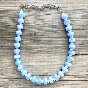 Periwinkle Blue Statement Necklace, chunky bib beaded jewelry, 1 strand sky light blue color block necklace, beaded acrylic donut white