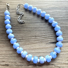 Load image into Gallery viewer, Periwinkle Blue Statement Necklace, chunky bib beaded jewelry, 1 strand sky light blue color block necklace, beaded acrylic donut white