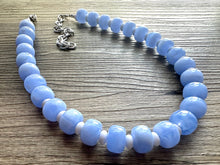 Load image into Gallery viewer, Periwinkle Blue Statement Necklace, chunky bib beaded jewelry, 1 strand sky light blue color block necklace, beaded acrylic donut white