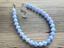 Load image into Gallery viewer, Periwinkle Blue Statement Necklace, chunky bib beaded jewelry, 1 strand sky light blue color block necklace, beaded acrylic donut white