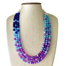 Load image into Gallery viewer, Blues Beach Resort Statement Necklace, Chunky 3 Strand Jewelry, purple violet blue necklace, bib beaded turquoise collar aqua bead lavender