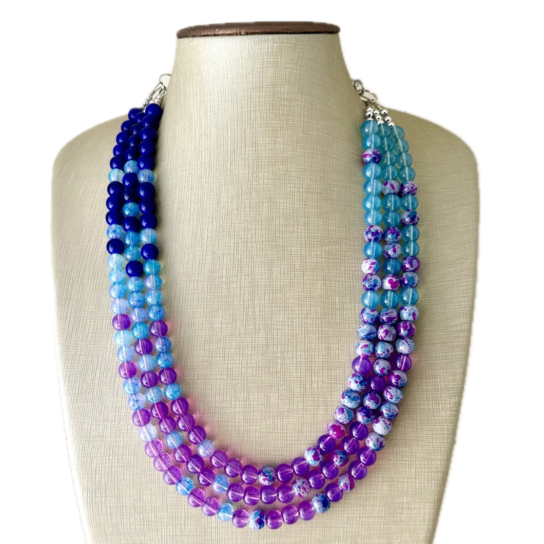 Blues Beach Resort Statement Necklace, Chunky 3 Strand Jewelry, purple violet blue necklace, bib beaded turquoise collar aqua bead lavender
