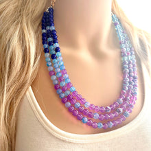 Load image into Gallery viewer, Blues Beach Resort Statement Necklace, Chunky 3 Strand Jewelry, purple violet blue necklace, bib beaded turquoise collar aqua bead lavender