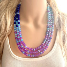 Load image into Gallery viewer, Blues Beach Resort Statement Necklace, Chunky 3 Strand Jewelry, purple violet blue necklace, bib beaded turquoise collar aqua bead lavender