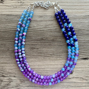 Blues Beach Resort Statement Necklace, Chunky 3 Strand Jewelry, purple violet blue necklace, bib beaded turquoise collar aqua bead lavender