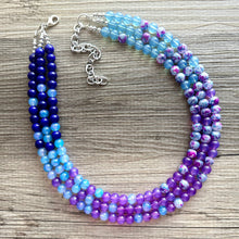 Load image into Gallery viewer, Blues Beach Resort Statement Necklace, Chunky 3 Strand Jewelry, purple violet blue necklace, bib beaded turquoise collar aqua bead lavender