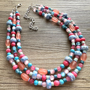 Cotton Candy Confetti Necklace, Pink & blue Baby Gender Reveal Party Present, blush pink baby blue chunky beaded necklace periwinkle coral