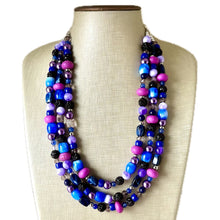 Load image into Gallery viewer, Midnight Rendezvous Necklace, Purple &amp; Blue Statement Necklace, 3 strand chunky jewelry, dark blue navy cadet sparkle glass lavender