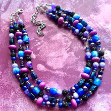 Load image into Gallery viewer, Midnight Rendezvous Necklace, Purple &amp; Blue Statement Necklace, 3 strand chunky jewelry, dark blue navy cadet sparkle glass lavender