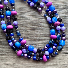 Load image into Gallery viewer, Midnight Rendezvous Necklace, Purple &amp; Blue Statement Necklace, 3 strand chunky jewelry, dark blue navy cadet sparkle glass lavender