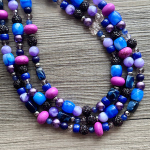 Midnight Rendezvous Necklace, Purple & Blue Statement Necklace, 3 strand chunky jewelry, dark blue navy cadet sparkle glass lavender