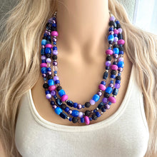 Load image into Gallery viewer, Midnight Rendezvous Necklace, Purple &amp; Blue Statement Necklace, 3 strand chunky jewelry, dark blue navy cadet sparkle glass lavender