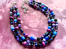 Load image into Gallery viewer, Midnight Rendezvous Necklace, Purple &amp; Blue Statement Necklace, 3 strand chunky jewelry, dark blue navy cadet sparkle glass lavender