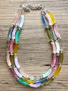 Rock Candy Rainbow Chunky Statement Necklace, resin necklace, pink blue gemstone necklace, colorful jewelry, beaded necklace metallic