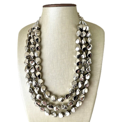 Silver Royale chunky statement necklace, big beaded jewelry, gifts for women bib earrings Multi-Strand gray metallic resin metallic mirror