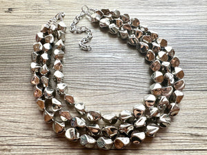 Silver Royale chunky statement necklace, big beaded jewelry, gifts for women bib earrings Multi-Strand gray metallic resin metallic mirror