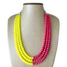 Load image into Gallery viewer, Raspberry Lemonade chunky necklace, pink beaded jewelry, resin beaded hot pink necklace, lemon bib statement magenta blush yellow