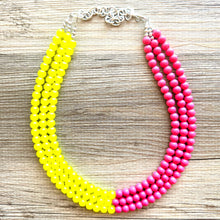 Load image into Gallery viewer, Raspberry Lemonade chunky necklace, pink beaded jewelry, resin beaded hot pink necklace, lemon bib statement magenta blush yellow