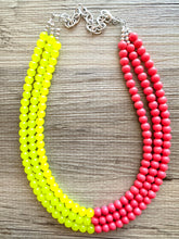 Load image into Gallery viewer, Raspberry Lemonade chunky necklace, pink beaded jewelry, resin beaded hot pink necklace, lemon bib statement magenta blush yellow