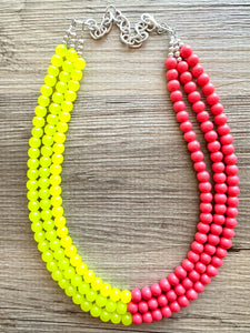 Raspberry Lemonade chunky necklace, pink beaded jewelry, resin beaded hot pink necklace, lemon bib statement magenta blush yellow