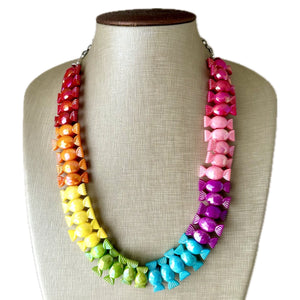 Rainbow Statement Necklace, candy chunky 1 strand jewelry, colorful necklace, jewel tone girls bubblegum single strand silver necklace