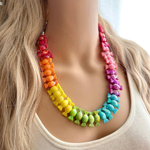 Rainbow Statement Necklace, candy chunky 1 strand jewelry, colorful necklace, jewel tone girls bubblegum single strand silver necklace