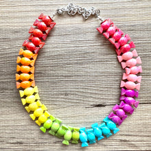 Load image into Gallery viewer, Rainbow Statement Necklace, candy chunky 1 strand jewelry, colorful necklace, jewel tone girls bubblegum single strand silver necklace