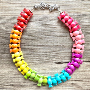 Rainbow Statement Necklace, candy chunky 1 strand jewelry, colorful necklace, jewel tone girls bubblegum single strand silver necklace