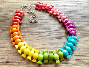 Rainbow Statement Necklace, candy chunky 1 strand jewelry, colorful necklace, jewel tone girls bubblegum single strand silver necklace