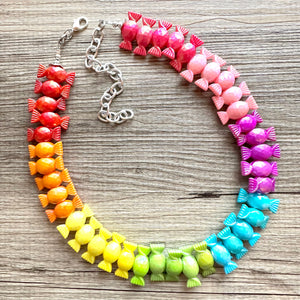 Rainbow Statement Necklace, candy chunky 1 strand jewelry, colorful necklace, jewel tone girls bubblegum single strand silver necklace