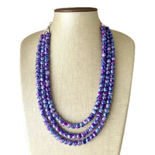 Load image into Gallery viewer, Purple &amp; Blue TIE DYE 3 strand Beaded Statement Necklace, Chunky Bib aqua and Pink Multi-Strand Jewelry Light swirl magenta periwinkle