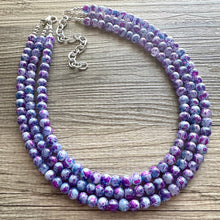 Load image into Gallery viewer, Purple &amp; Blue TIE DYE 3 strand Beaded Statement Necklace, Chunky Bib aqua and Pink Multi-Strand Jewelry Light swirl magenta periwinkle