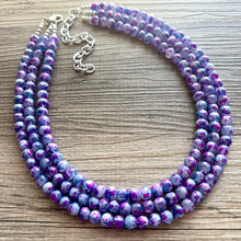 Load image into Gallery viewer, Purple &amp; Blue TIE DYE 3 strand Beaded Statement Necklace, Chunky Bib aqua and Pink Multi-Strand Jewelry Light swirl magenta periwinkle