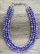 Load image into Gallery viewer, Purple &amp; Blue TIE DYE 3 strand Beaded Statement Necklace, Chunky Bib aqua and Pink Multi-Strand Jewelry Light swirl magenta periwinkle