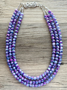 Purple & Blue TIE DYE 3 strand Beaded Statement Necklace, Chunky Bib aqua and Pink Multi-Strand Jewelry Light swirl magenta periwinkle