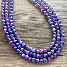 Load image into Gallery viewer, Purple &amp; Blue TIE DYE 3 strand Beaded Statement Necklace, Chunky Bib aqua and Pink Multi-Strand Jewelry Light swirl magenta periwinkle