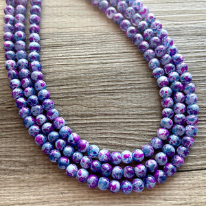 Purple & Blue TIE DYE 3 strand Beaded Statement Necklace, Chunky Bib aqua and Pink Multi-Strand Jewelry Light swirl magenta periwinkle