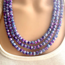 Load image into Gallery viewer, Purple &amp; Blue TIE DYE 3 strand Beaded Statement Necklace, Chunky Bib aqua and Pink Multi-Strand Jewelry Light swirl magenta periwinkle