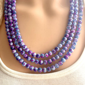 Purple & Blue TIE DYE 3 strand Beaded Statement Necklace, Chunky Bib aqua and Pink Multi-Strand Jewelry Light swirl magenta periwinkle