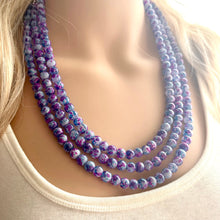 Load image into Gallery viewer, Purple &amp; Blue TIE DYE 3 strand Beaded Statement Necklace, Chunky Bib aqua and Pink Multi-Strand Jewelry Light swirl magenta periwinkle