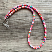 Load image into Gallery viewer, Long Rainbow Row Heishi Beaded Necklace, Colorful Jewelry, Chunky statement necklace, beaded necklace, color block necklace pride plus size