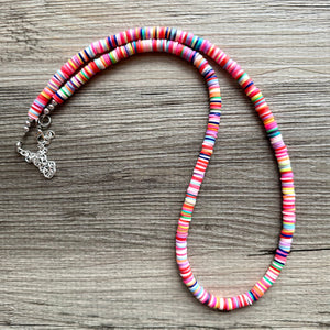 Long Rainbow Row Heishi Beaded Necklace, Colorful Jewelry, Chunky statement necklace, beaded necklace, color block necklace pride plus size