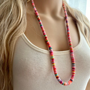 Long Rainbow Row Heishi Beaded Necklace, Colorful Jewelry, Chunky statement necklace, beaded necklace, color block necklace pride plus size