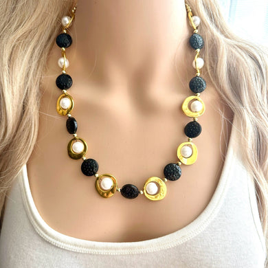 Pearl Black & Gold Chunky Statement Necklace, 1 Strand Beaded Jewelry golden jewelry, bridesmaid wedding bib rose gold white pearl single