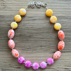 Heat Wave Swirl Neon Necklace, hot pink orange yellow white jewelry, single strand beaded necklace