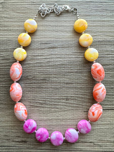 Heat Wave Swirl Neon Necklace, hot pink orange yellow white jewelry, single strand beaded necklace